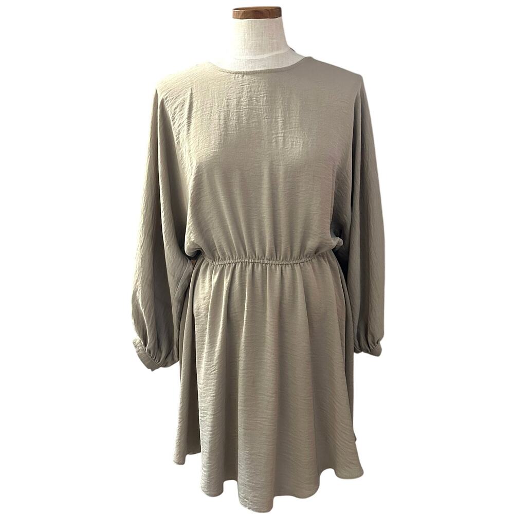 River Island Stone Balloon Sleeve Mini Dress US 8 UK 12 Elastic Waist Flowy